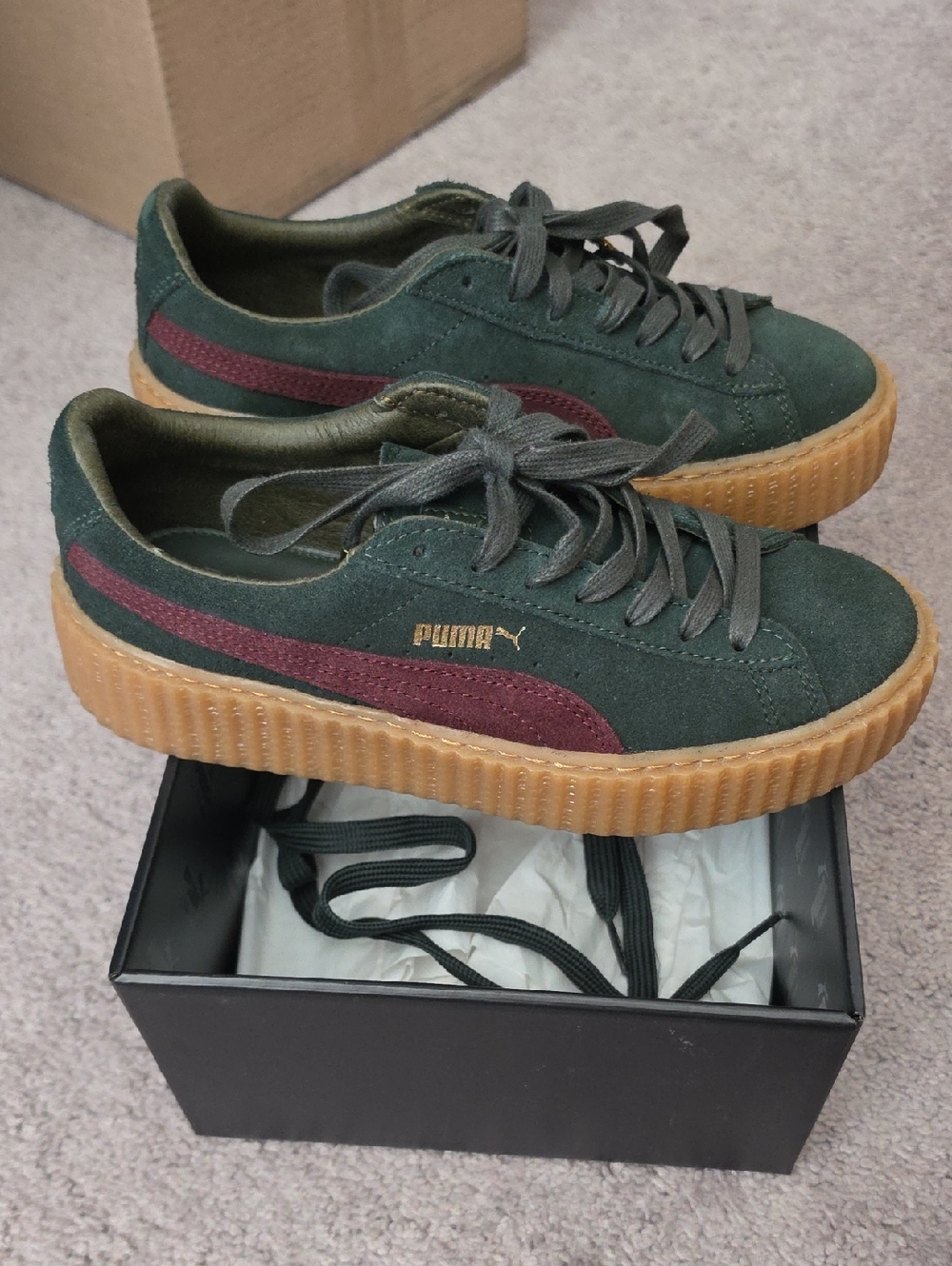 Puma Green Suede Sneakers with Burgundy Stripe and Gum Sole